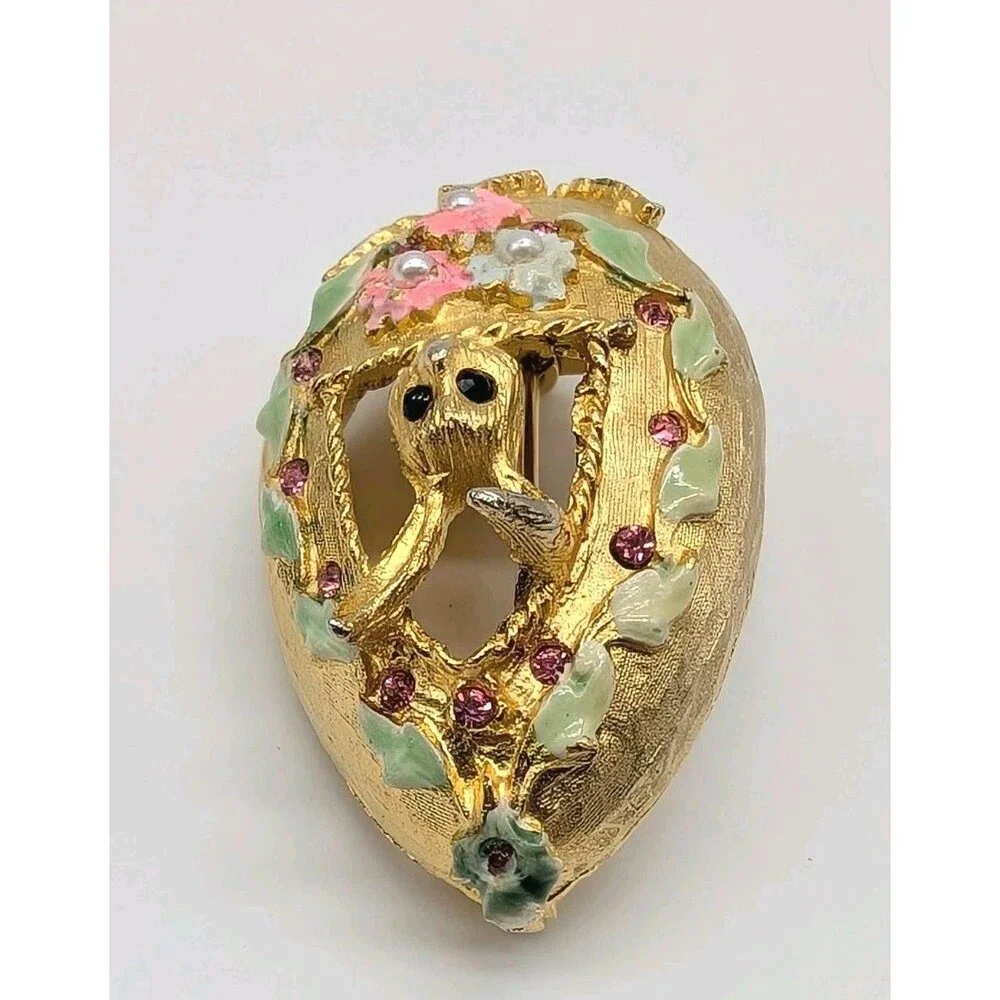 Vtg Mylu Easter Egg Bunny Brooch Pin Rhinestone Enamel Gold Tone